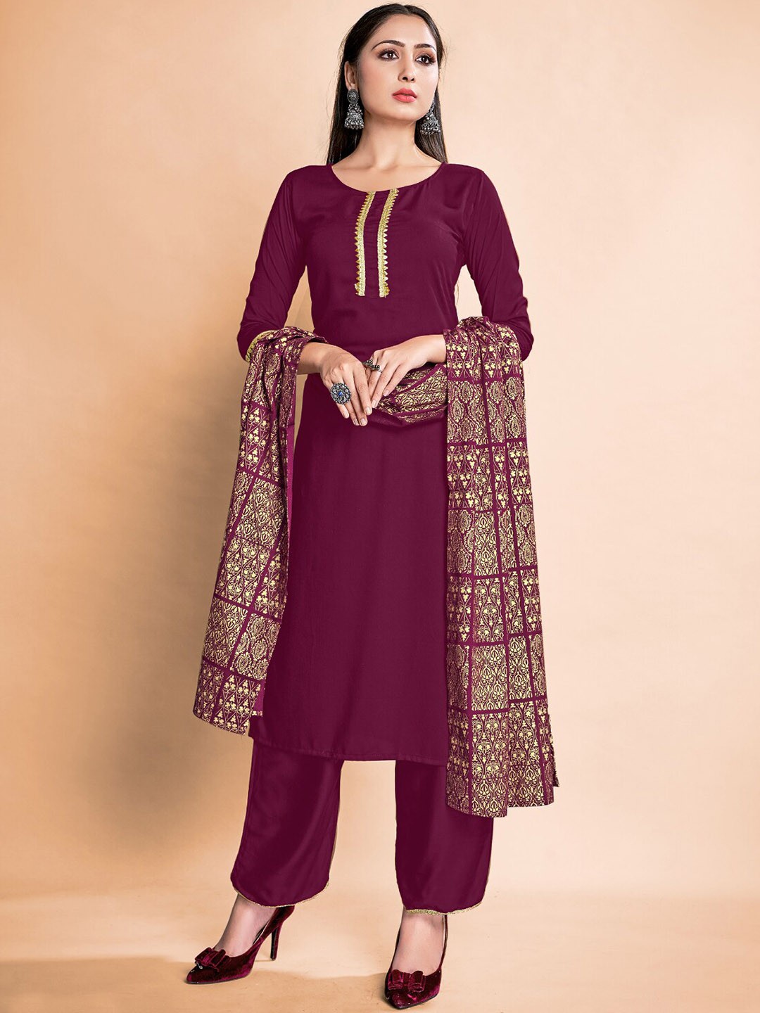 

Mitera Yoke Design Regular Kurta with Trousers & With Dupatta, Red