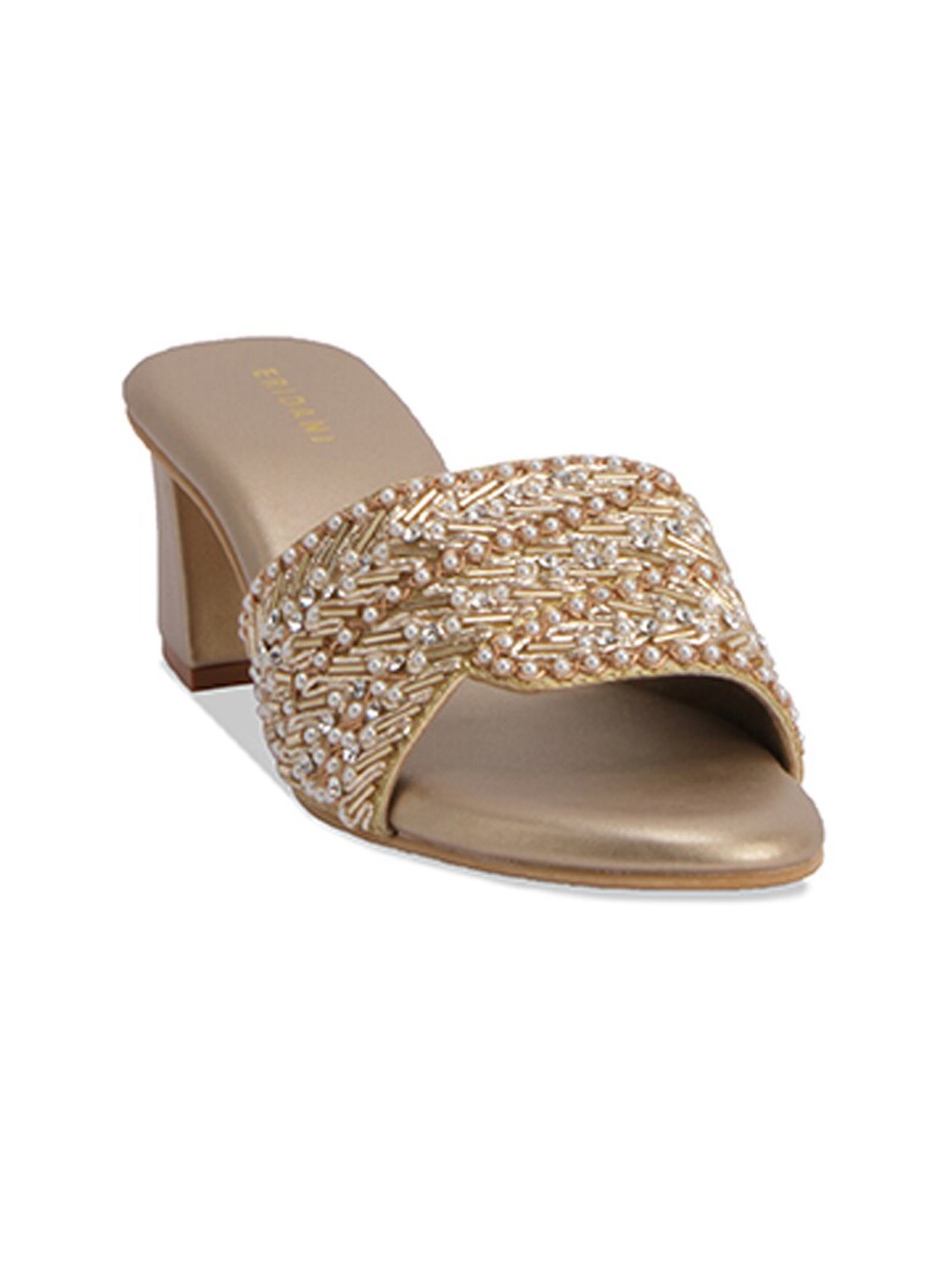 

ERIDANI Embellished Open Toe Block Heels, Gold