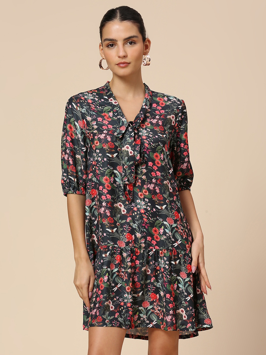 

Chemistry Floral Print Tie Up Neck Fit & Flare Dress, Black