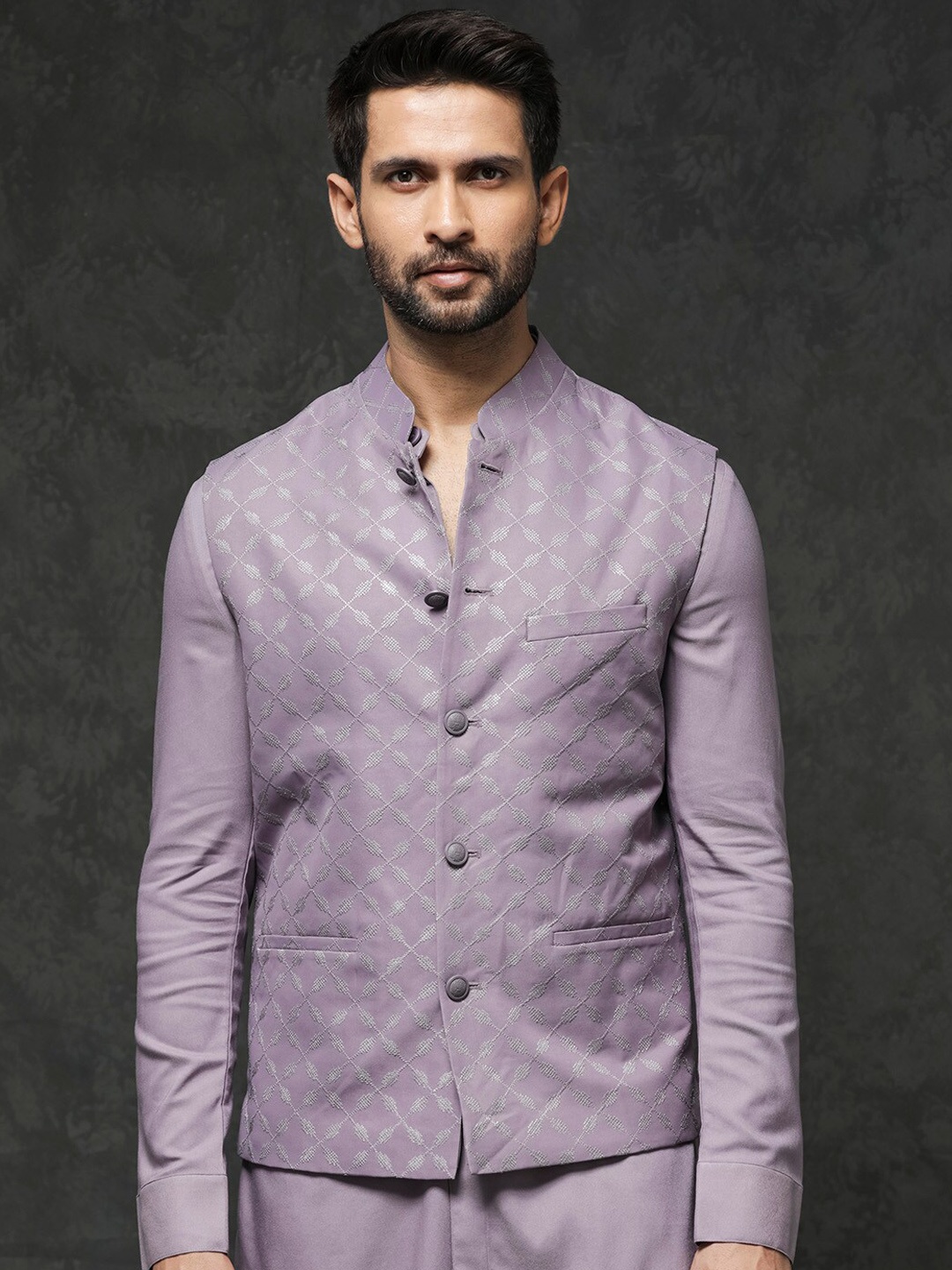 

RARE RABBIT Men Medo-B1 Slim Fit Woven Design Nehru Jacket, Purple