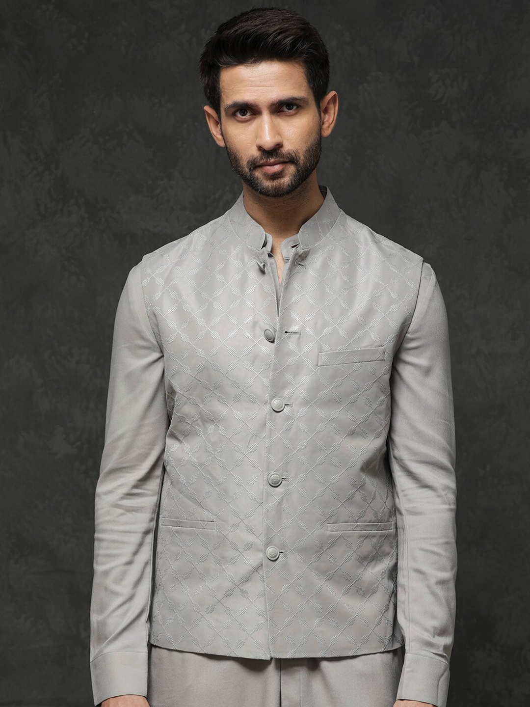 

RARE RABBIT Men Medo-B1 Slim Fit Woven Design Nehru Jacket, Grey