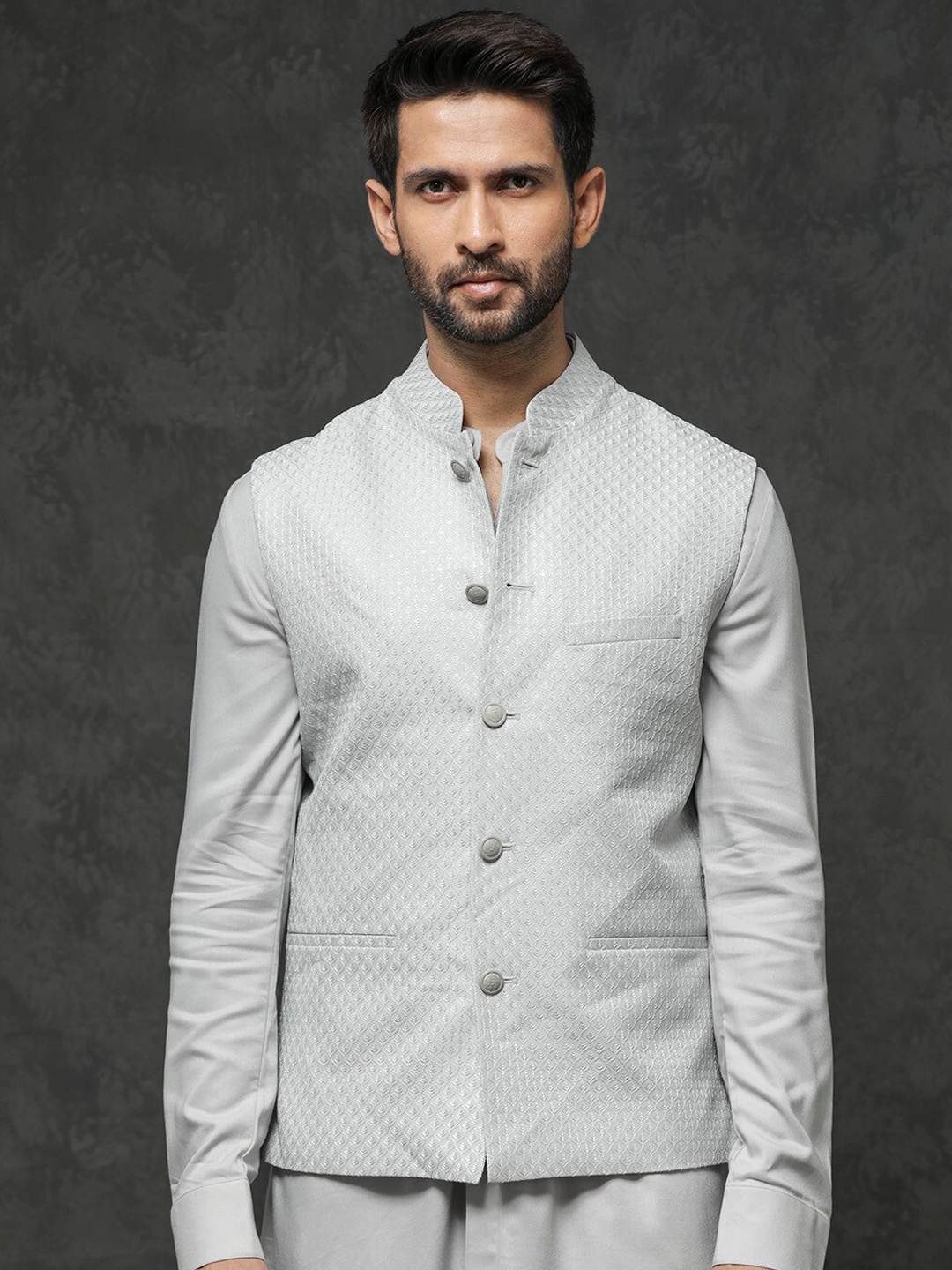 

RARE RABBIT Men Lasmos-B1 Slim Fit Woven Design Nehru Jacket, Grey