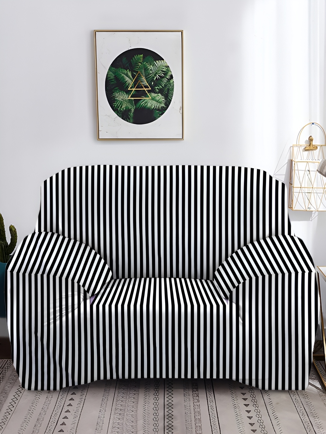 

Cortina White & Black Striped Printed Single Seater Sofa Cover With Arms