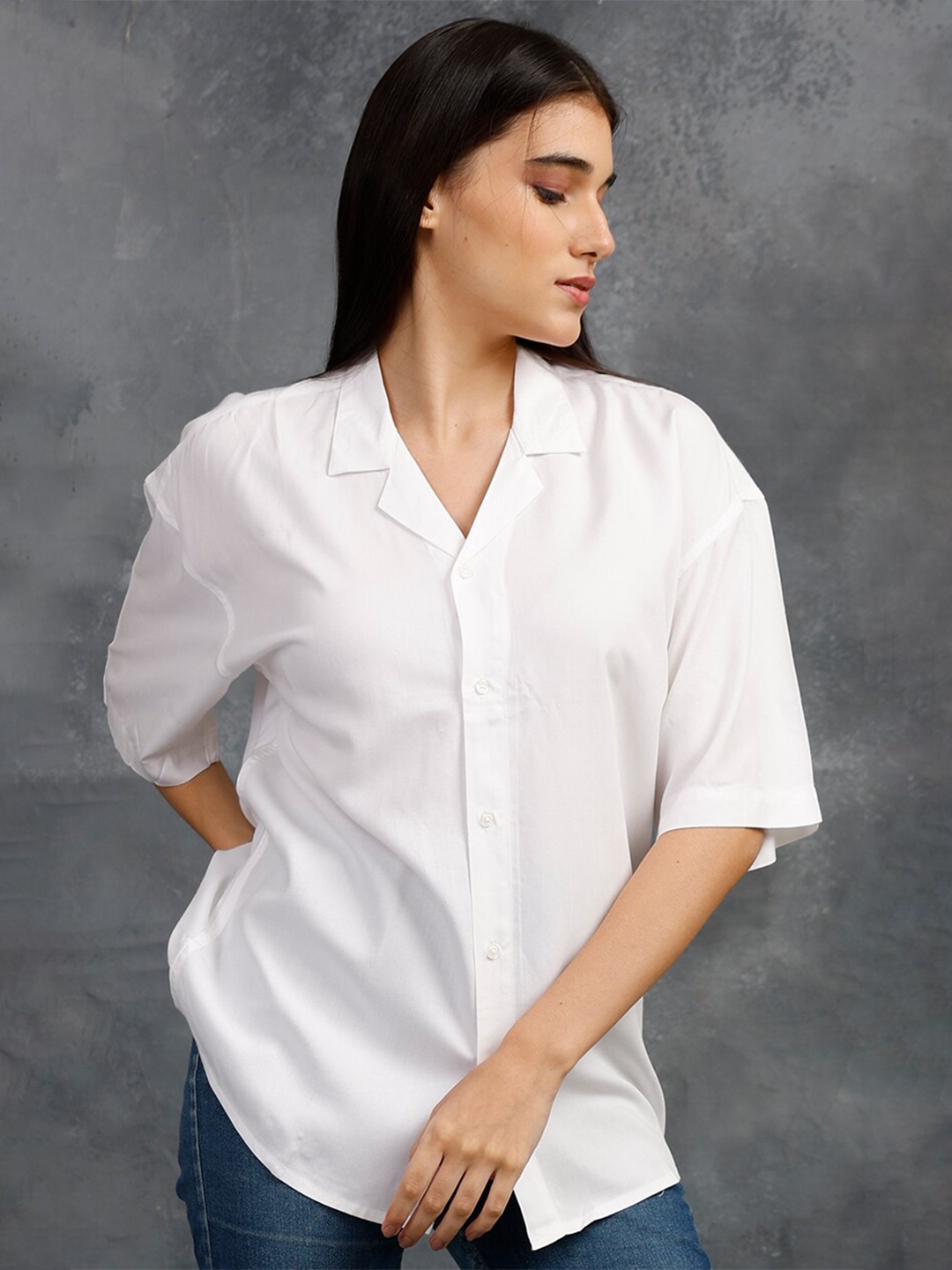 

PRONK Cuban Collar Oversized Cotton Casual Shirt, White