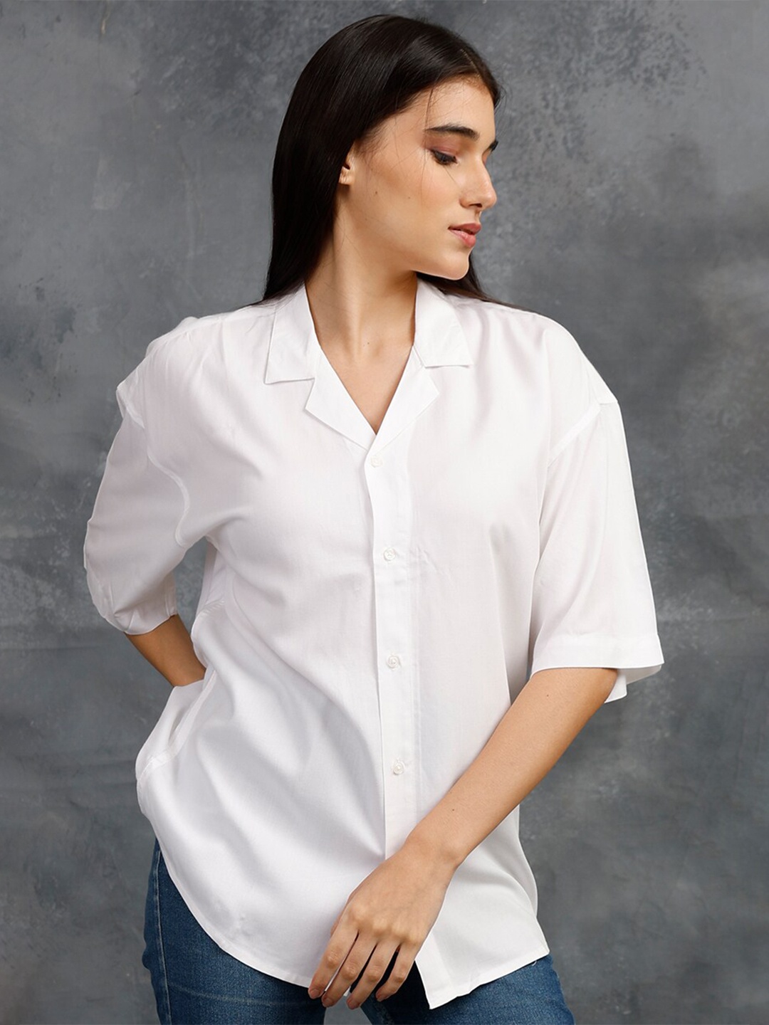 

PRONK Cuban Collar Oversized Cotton Casual Shirt, White
