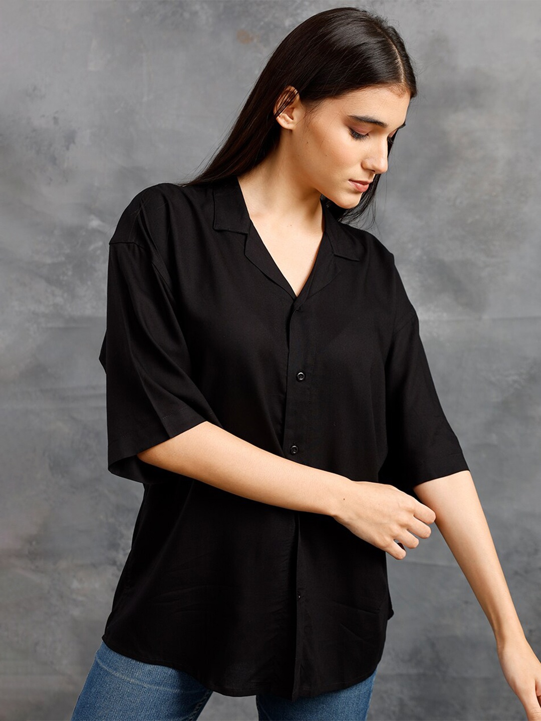 

PRONK Cuban Collar Oversized Cotton Casual Shirt, Black