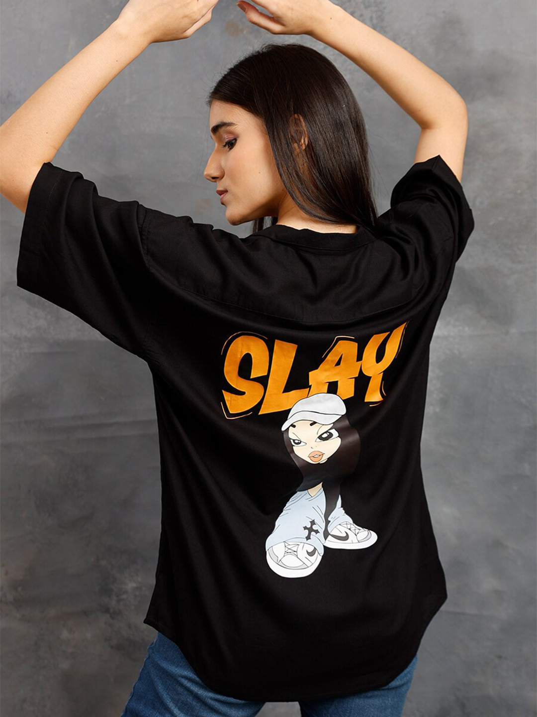 

PRONK Graphic Printed Cuban Collar Oversized Cotton Casual Shirt, Black