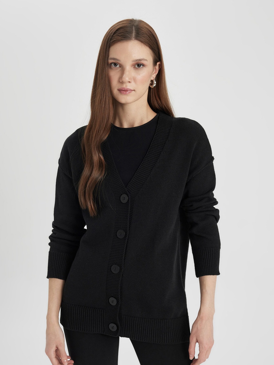

DeFacto V-Neck Ribbed Cardigan, Black