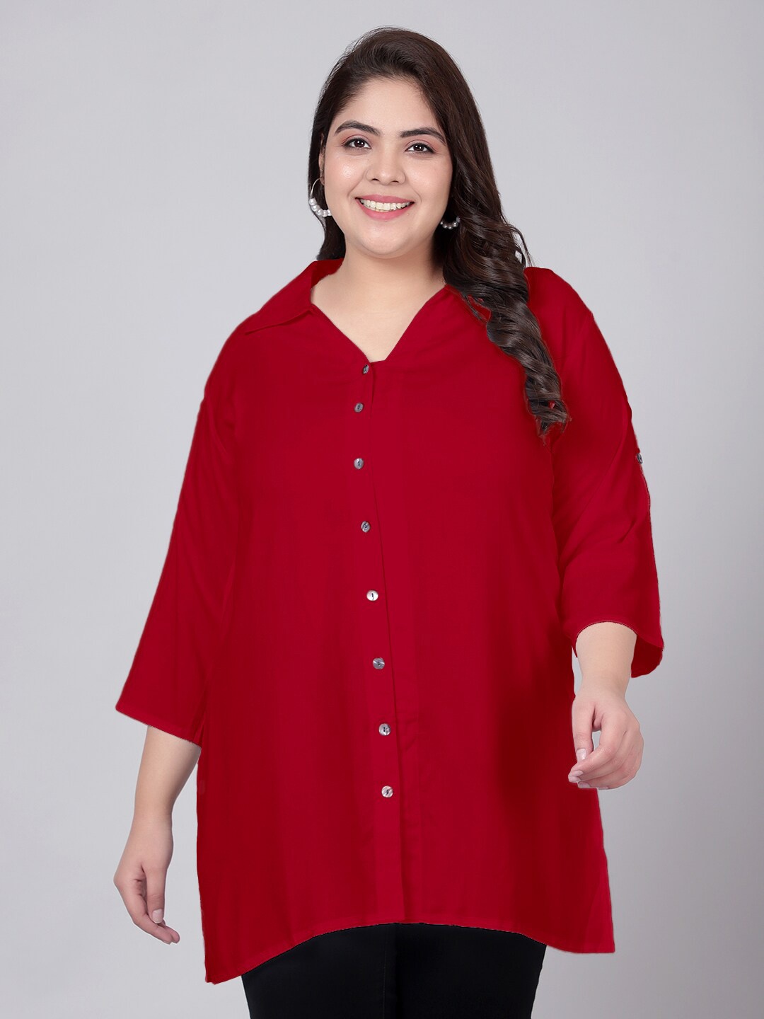 

Indietoga Plus Size Classic Spread Collar Longline Casual Shirt, Maroon