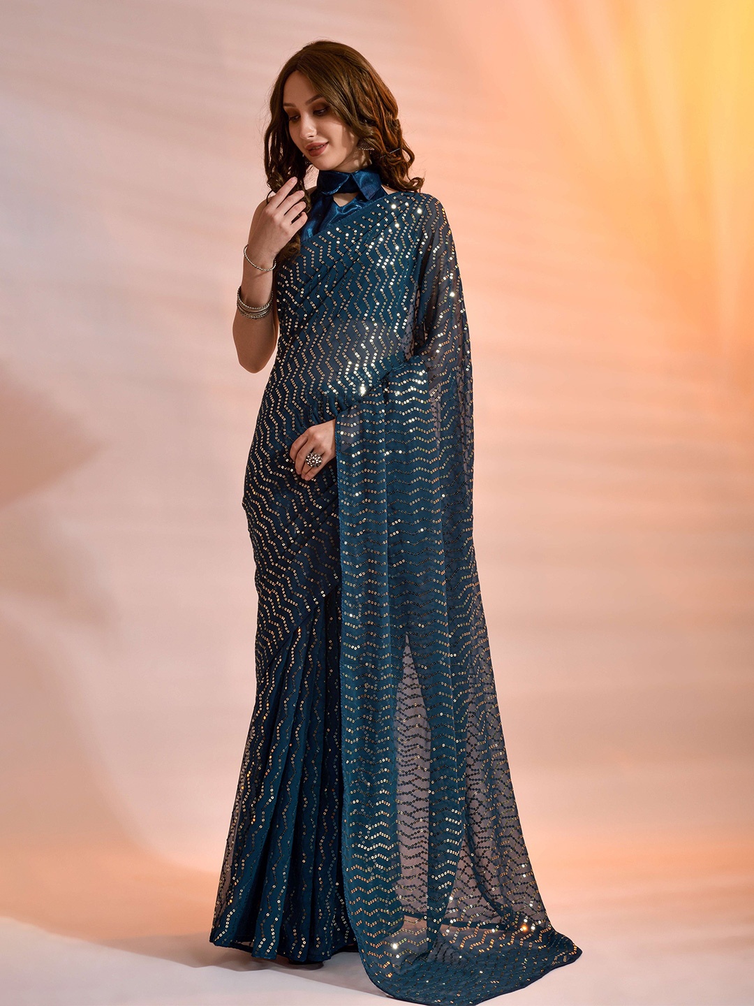 

all about you Embellished Sequinned Pure Georgette Saree, Teal