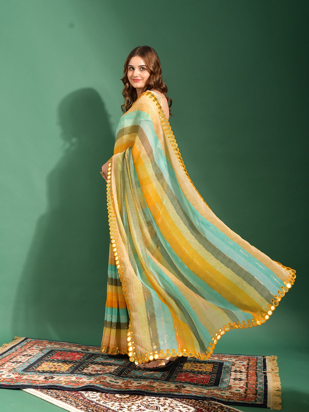 

all about you Striped Sequinned Pure Chiffon Leheriya Saree, Mustard