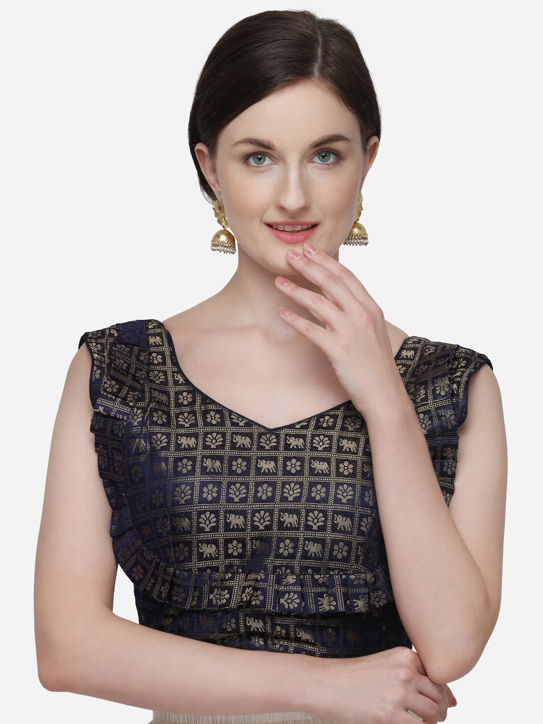 

Mitera Navy Blue Woven Design Zari Sleeveless Saree Blouse