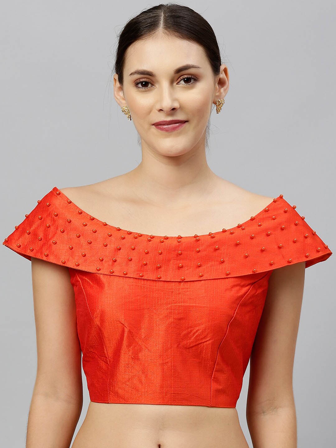 

Mitera Orange Embellished Silk Boat Neck Saree Blouse