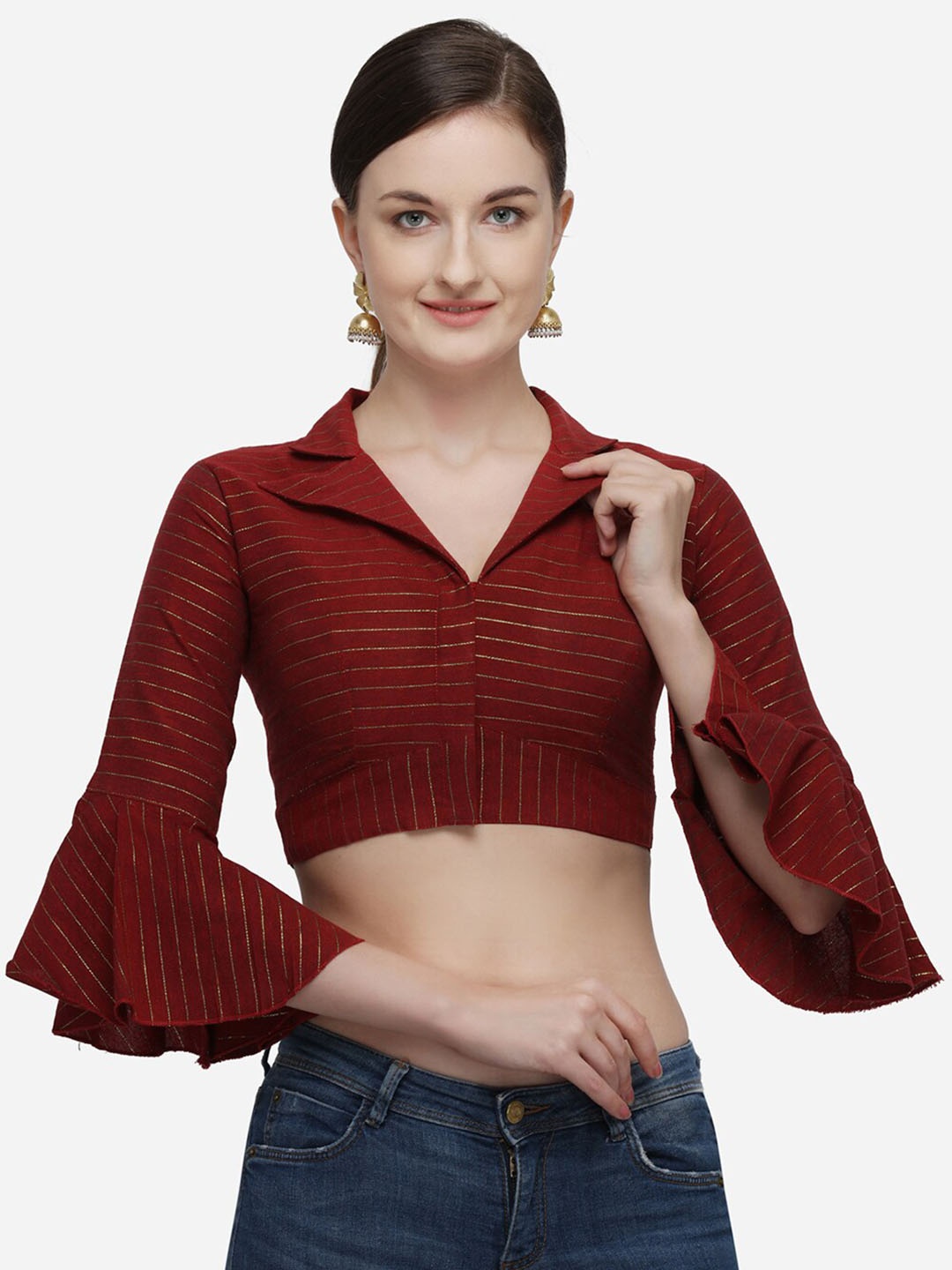 

Mitera Maroon Striped Zari-Design Cut Out Silk Saree Blouse