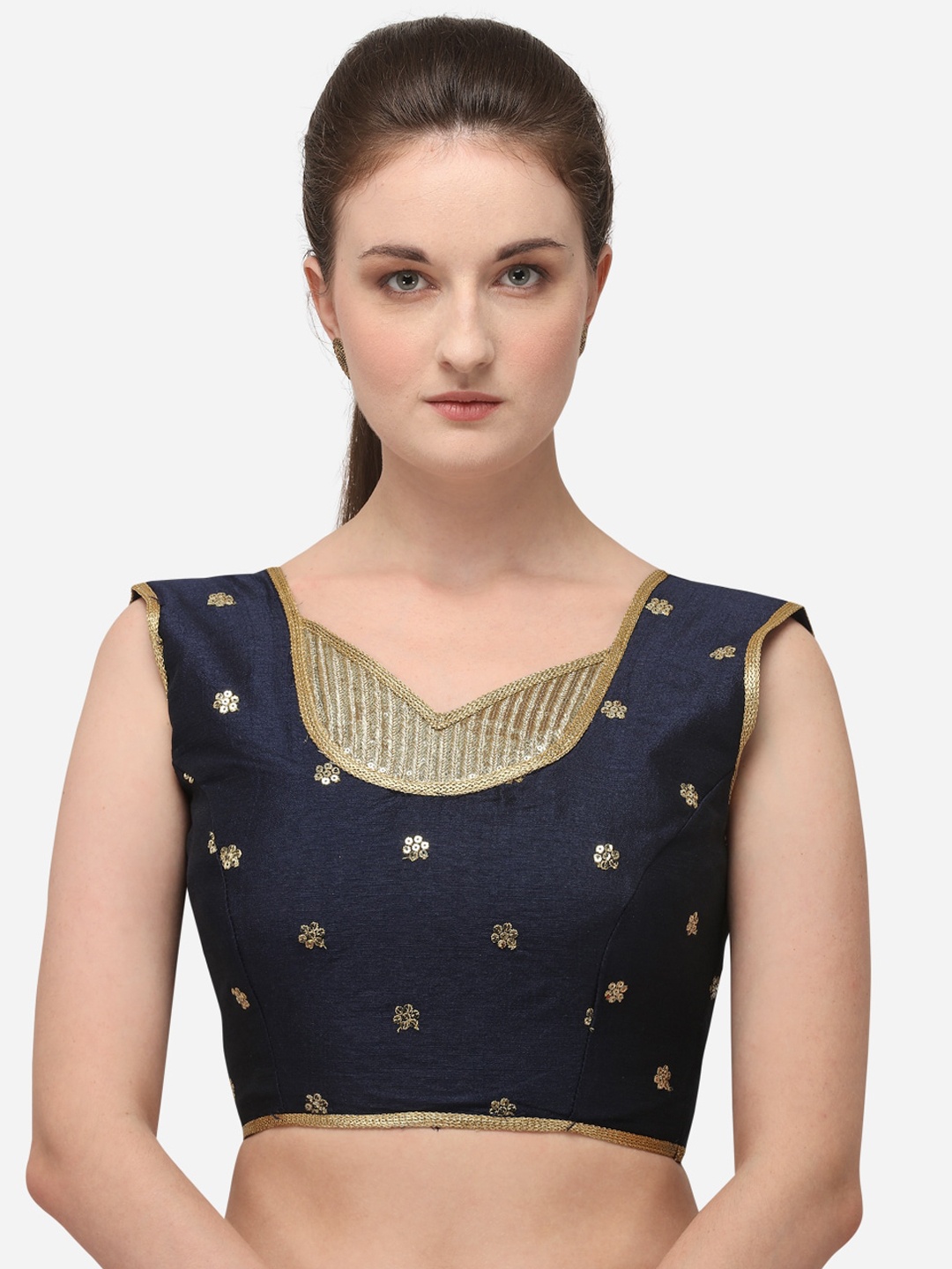 

Mitera Navy Blue Ethnic Motifs Embroidered Silk Saree Blouse