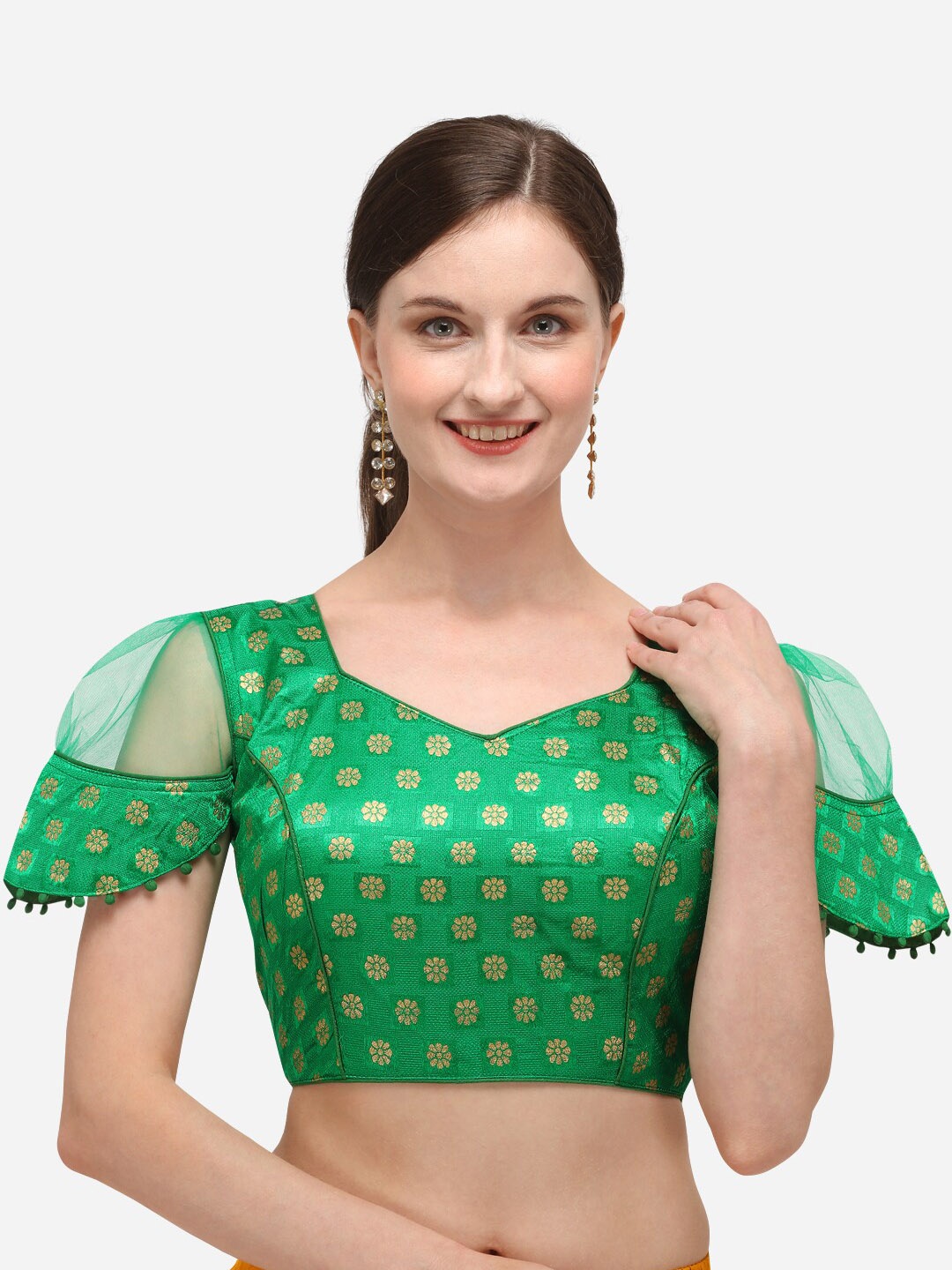 

Mitera Green Ethnic Motifs Woven Design Jacquard Saree Blouse