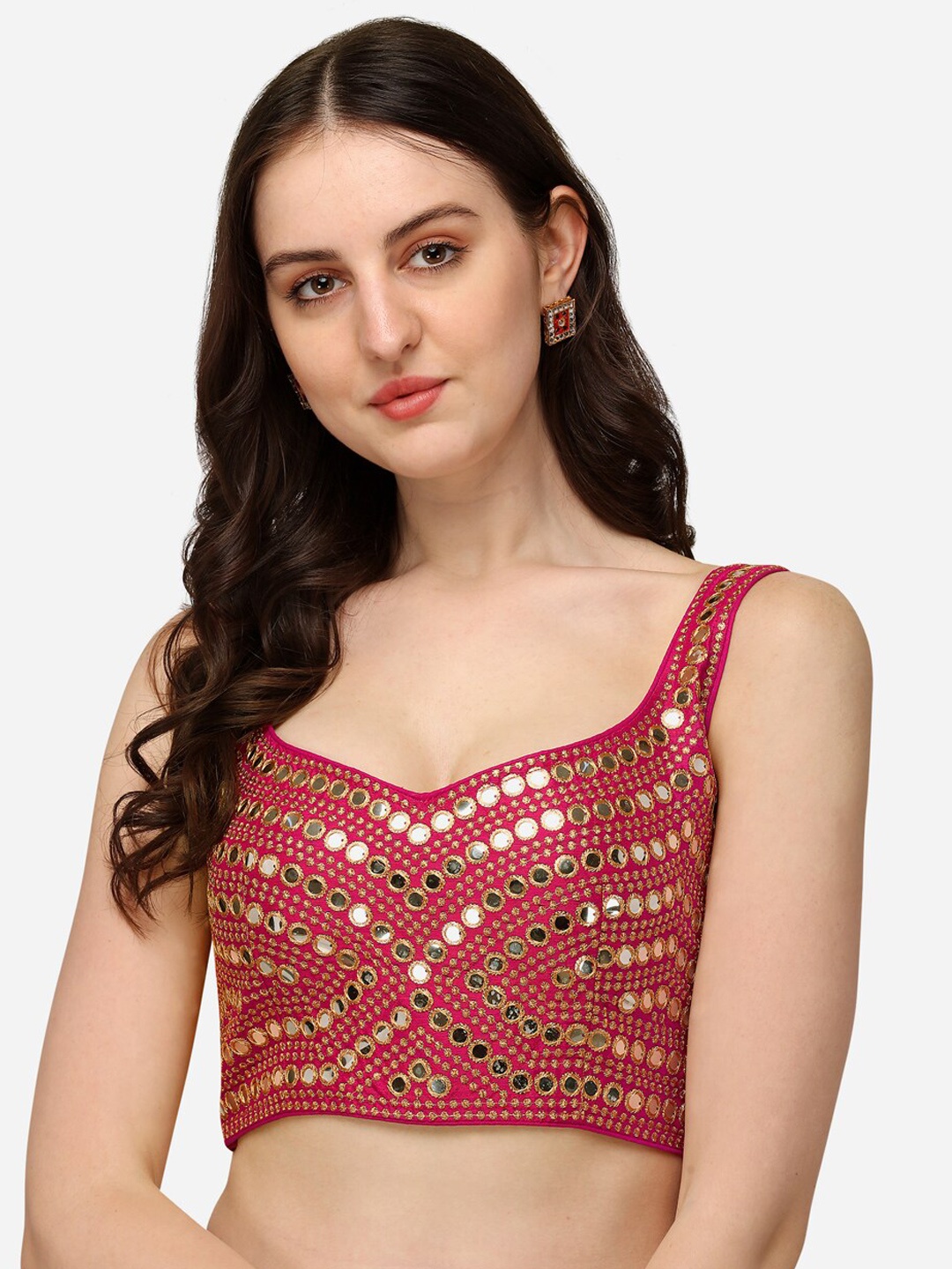 

Mitera Pink Embroidered Mirror Work Silk Saree Blouse
