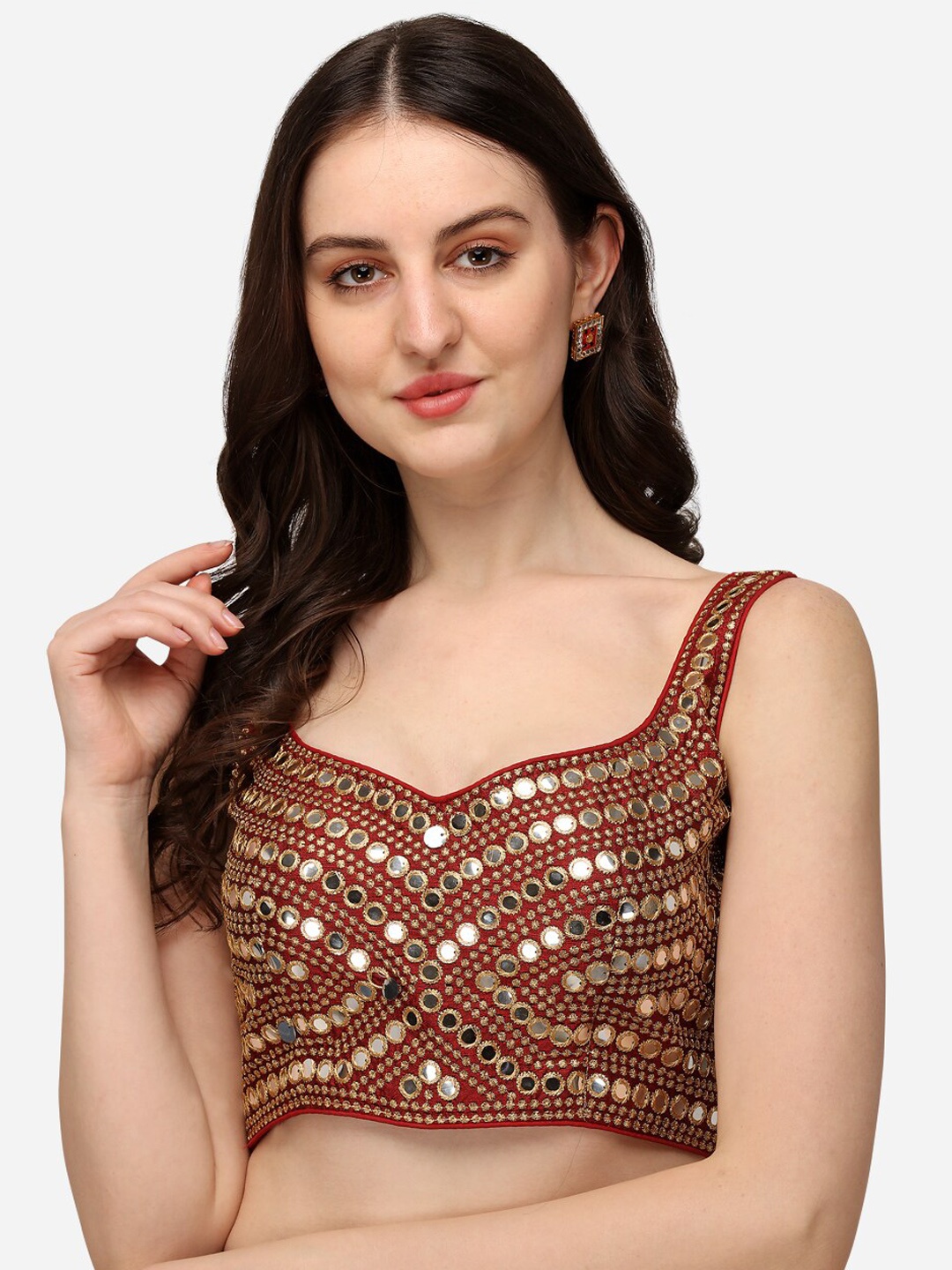 

Mitera Maroon Embroidered Mirror Work Silk Saree Blouse
