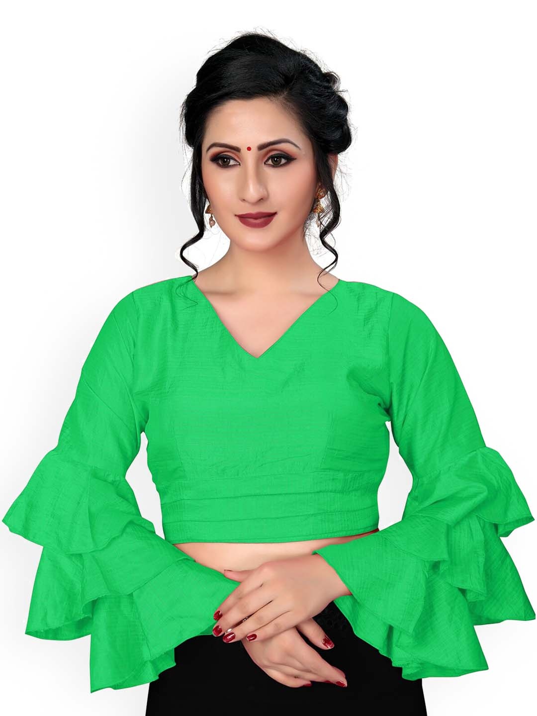 

Mitera Green Layered V-Neck Silk Saree Blouse