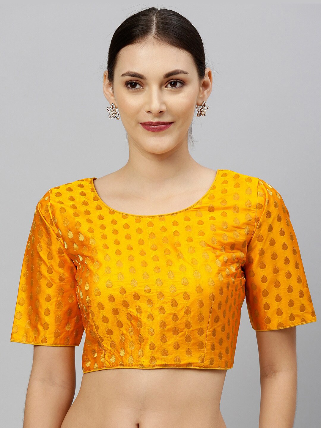

Mitera Ethnic Motifs Woven Design Round Neck Jacquard Saree Blouse, Orange