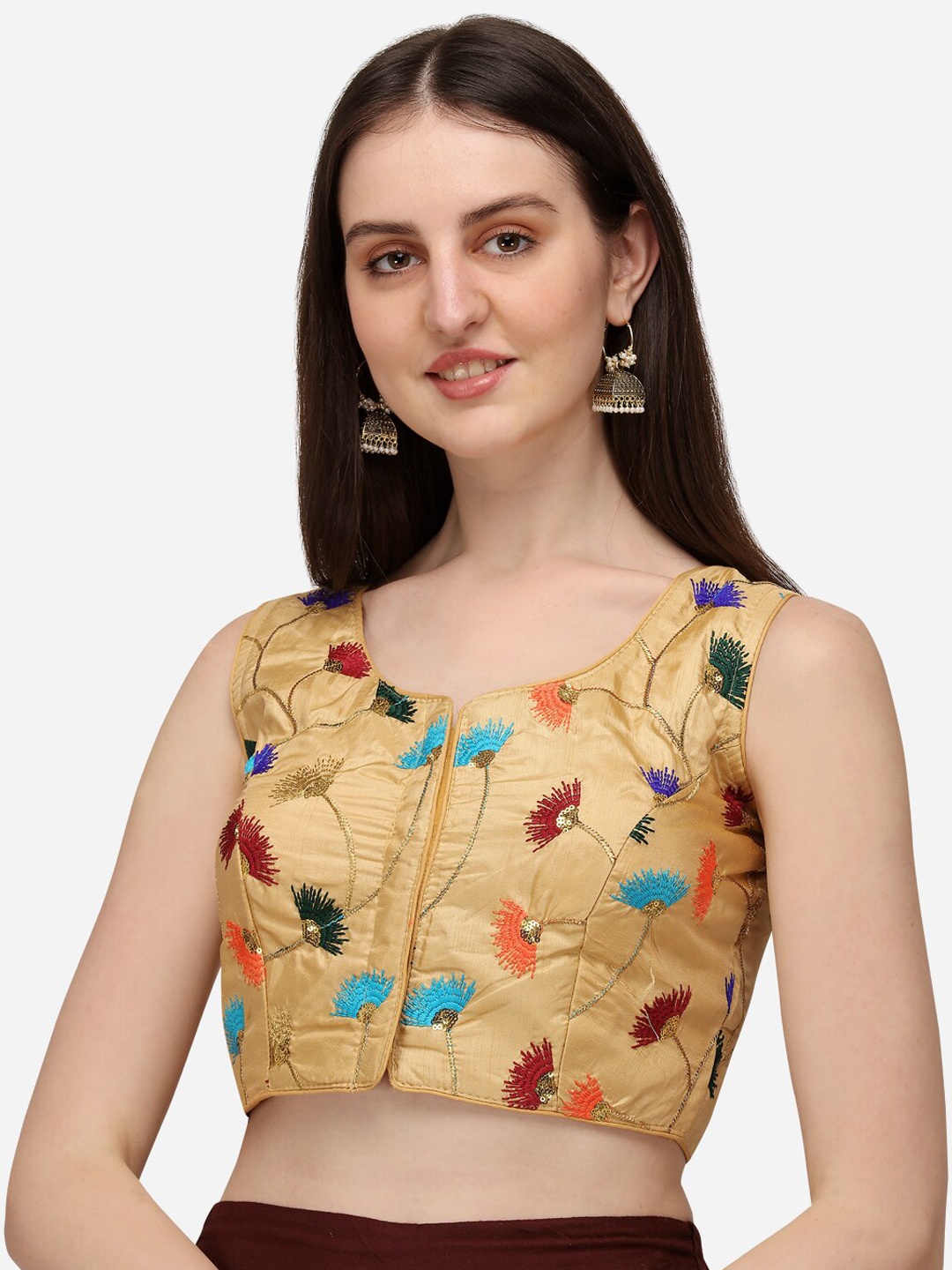 

Mitera Embroidered Sequined Sleeveless Satin Saree Blouse, Beige