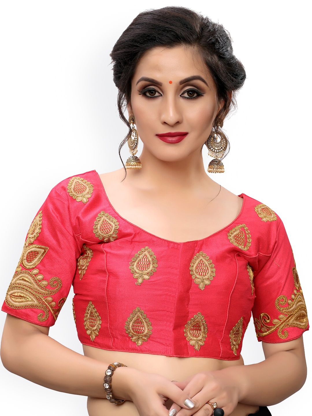 

Mitera Embroidered Round Neck Silk Saree Blouse, Pink