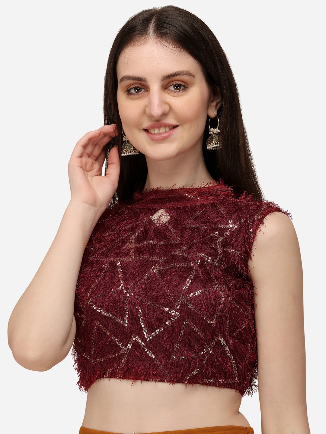 

Mitera Embellished Sequined High Neck Silk Saree Blouse, Red