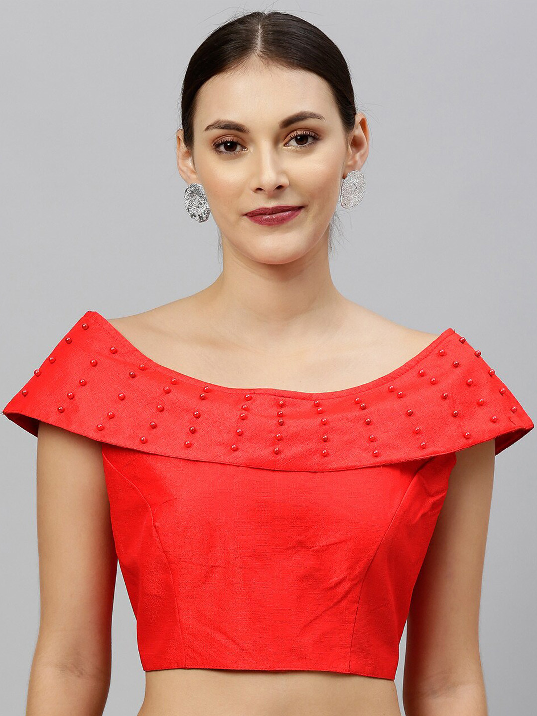 

Mitera Embellished Beads & Stones Boat Neck Silk Saree Blouse, Red