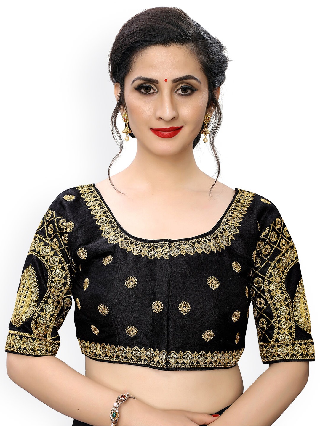 

Mitera Embroidered Round Neck Silk Saree Blouse, Black