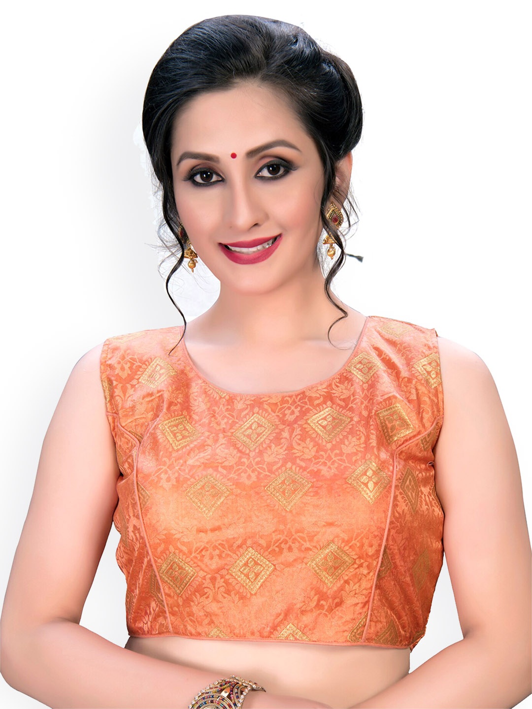 

Mitera Woven Design Round Neck jacquard Saree Blouse, Peach