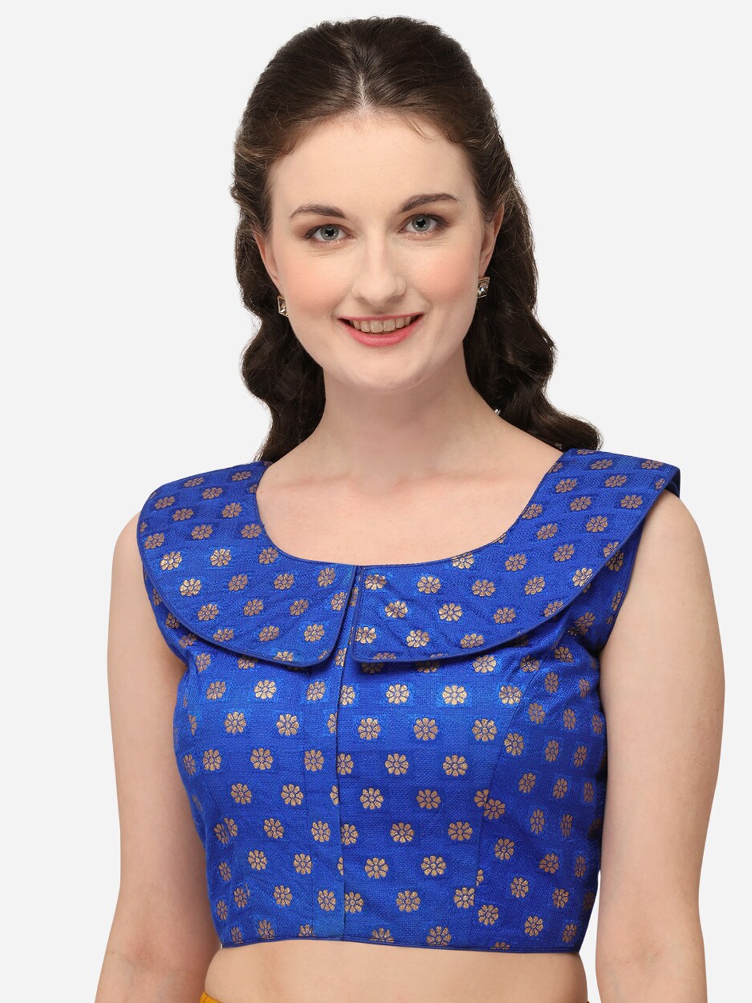 

Mitera Woven Design Jacquard Round Neck Saree Blouse, Blue