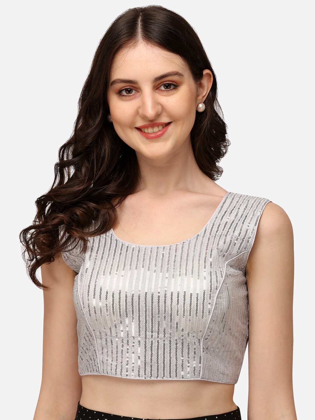 

Mitera Embroidered Sequined Saree Blouse, Silver