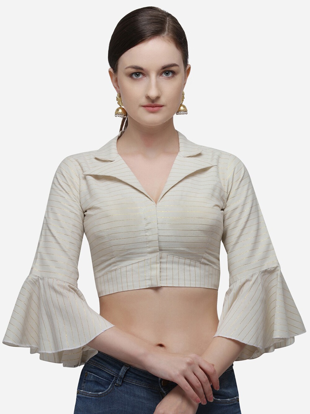 

Mitera Zari-Design Striped Shirt Collar Bell Sleeves Saree Blouse, Off white