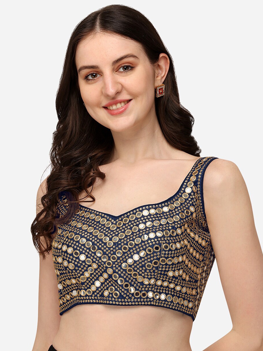 

Mitera Embroidered Mirror Work Silk Saree Blouse, Navy blue