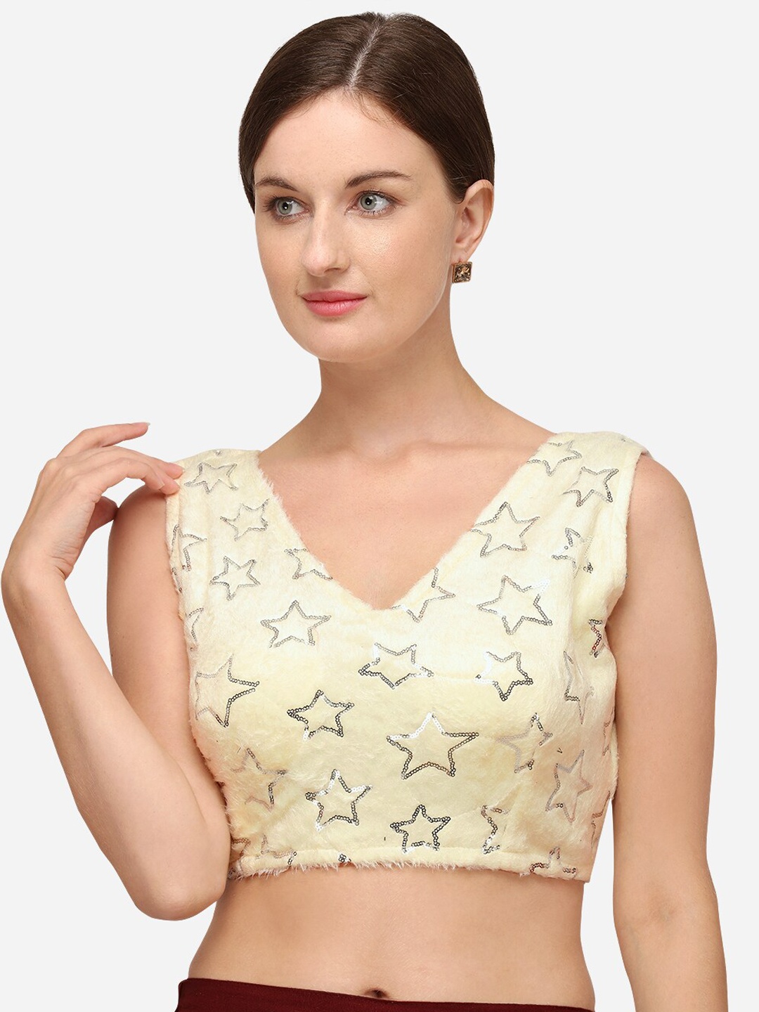 

Mitera Embellished Sequenced Silk V-Neck Saree Blouse, Cream