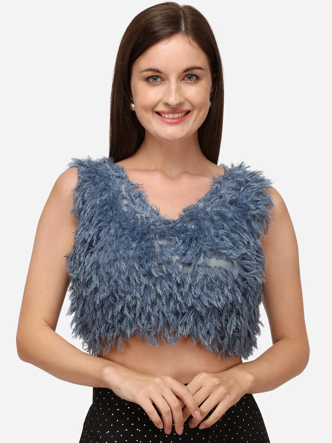 

Mitera Fur Detail V-Neck Blouse, Grey