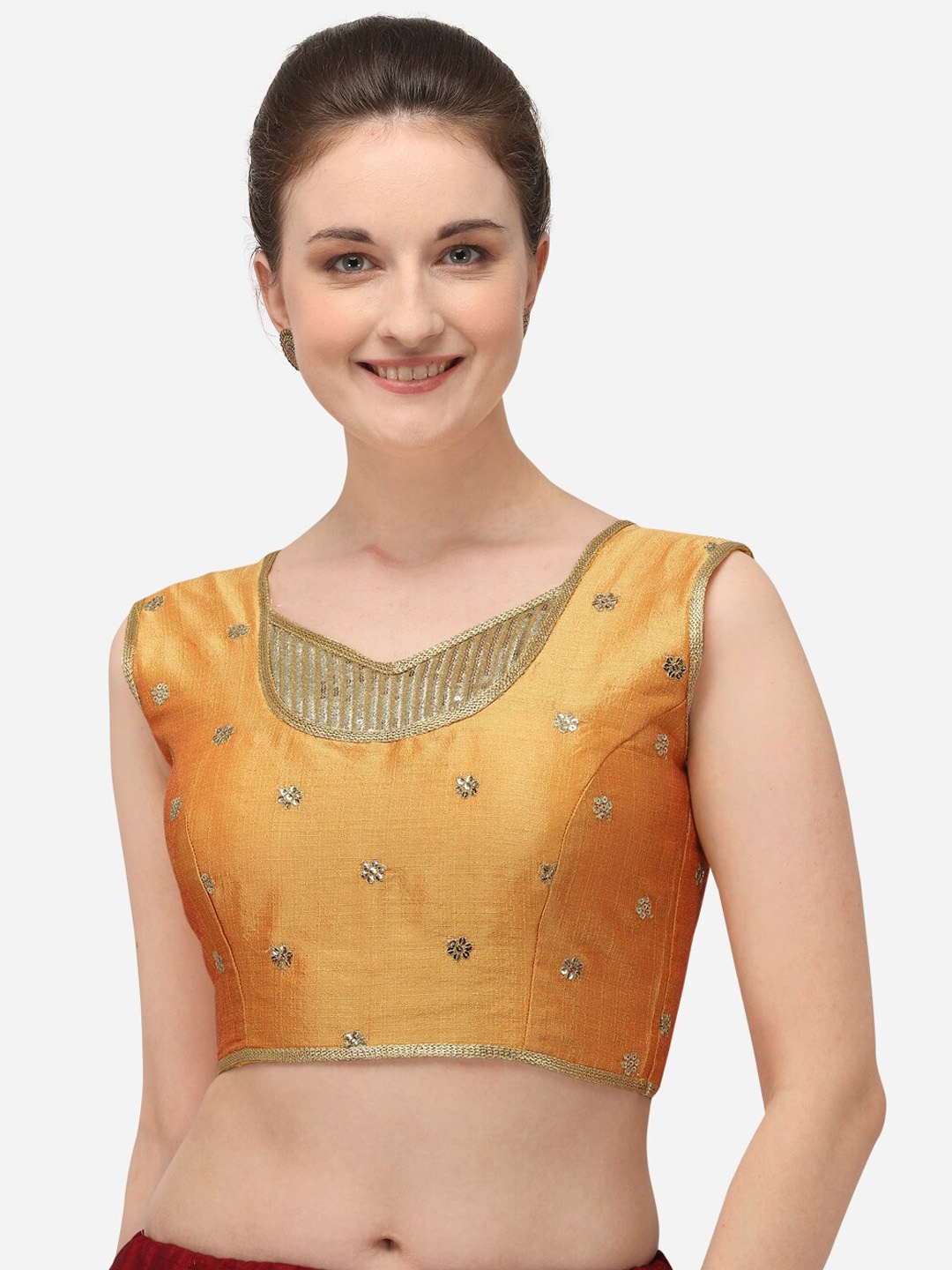 

Mitera Yellow Floral Embroidered Sequinned Sleeveless Silk Saree Blouse