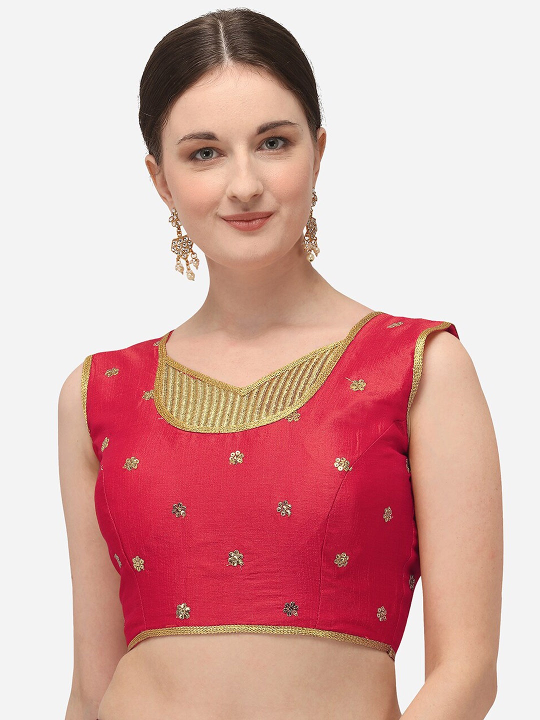 

Mitera Floral Embroidered Sequinned Sleeveless Silk Saree Blouse, Pink