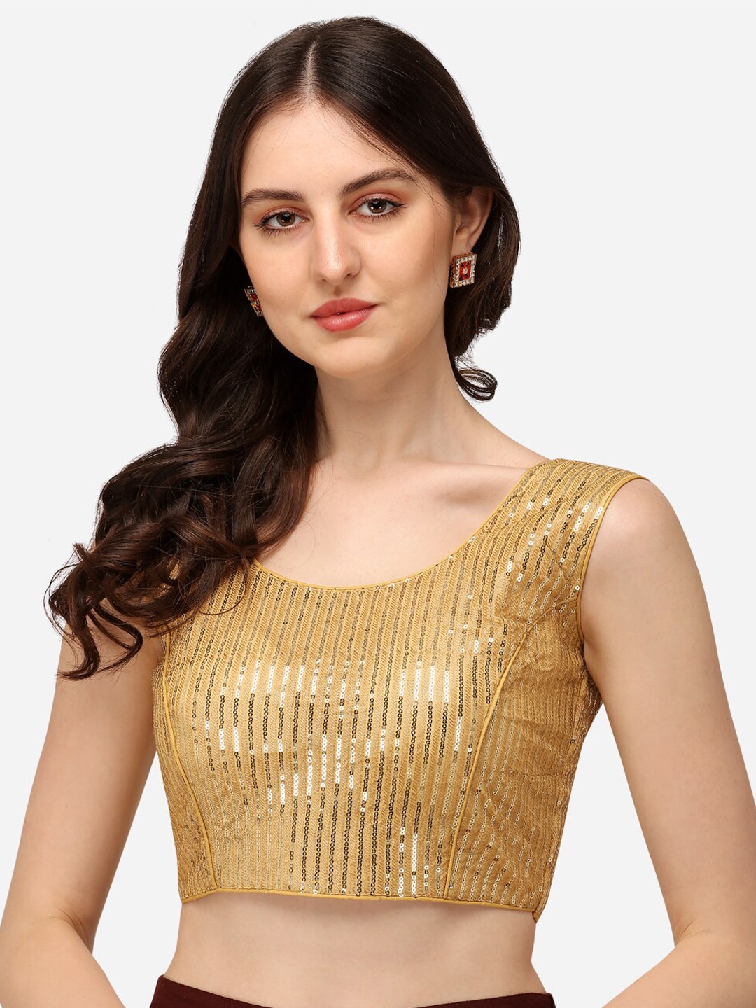 

Mitera Beige Embroidered & Sequences Work Sleeveless Georgette Saree Blouse