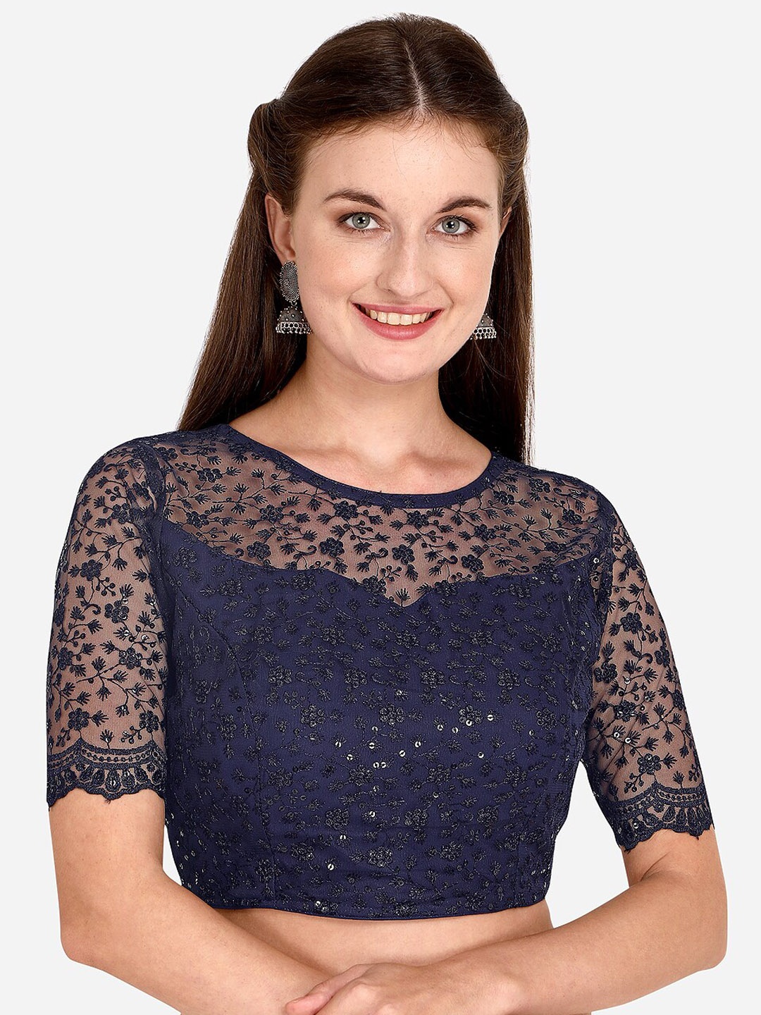 

Mitera Embroidered & Sequences Net Boat Neck Blouse, Navy blue