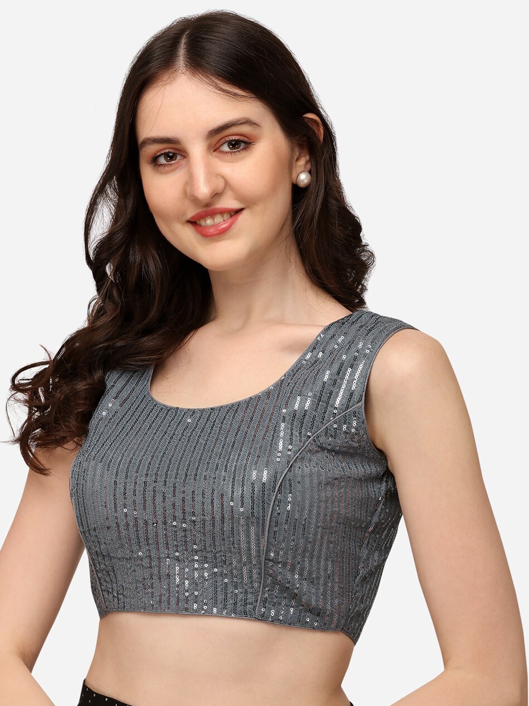 

Mitera Embroidered Round Neck Saree Blouse, Grey