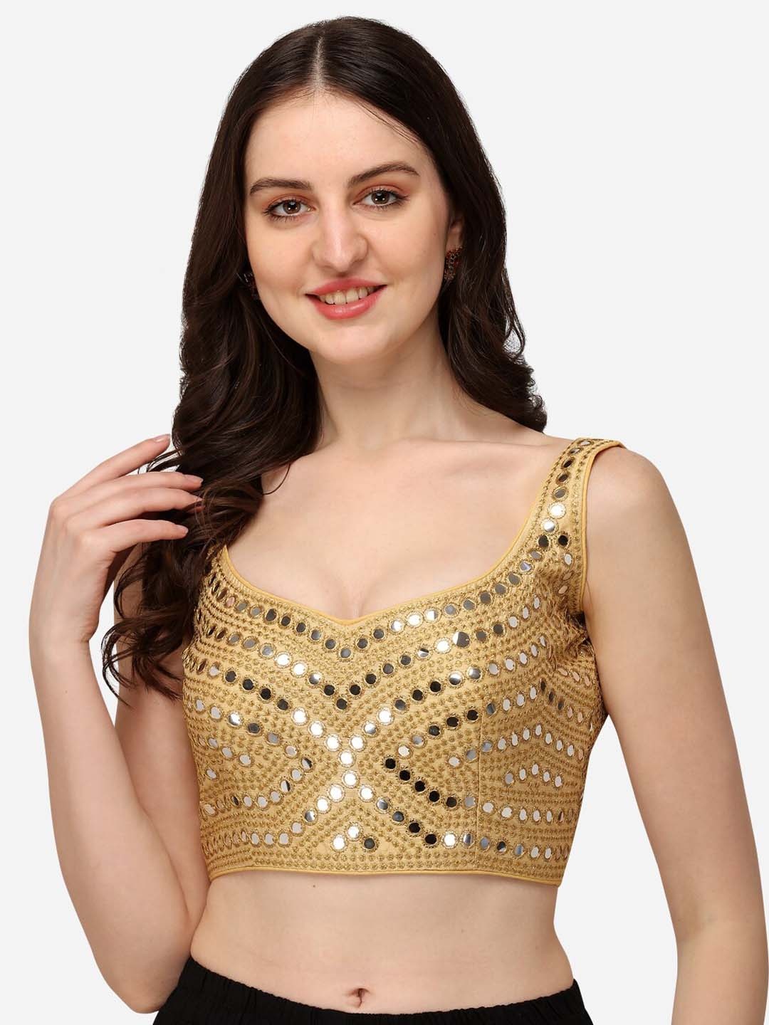 

Mitera Beige Embroidered Sweetheart Neck Mirror Work Silk Saree Blouse