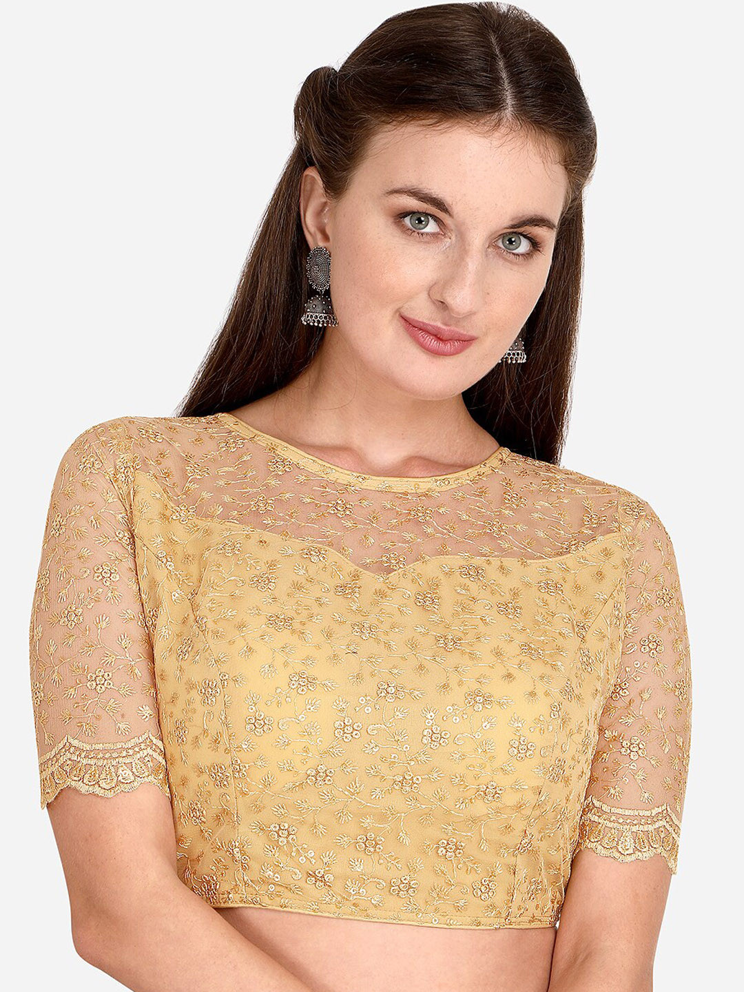 

Mitera Beige Embroidered Sequinned Boat Neck Saree Blouse