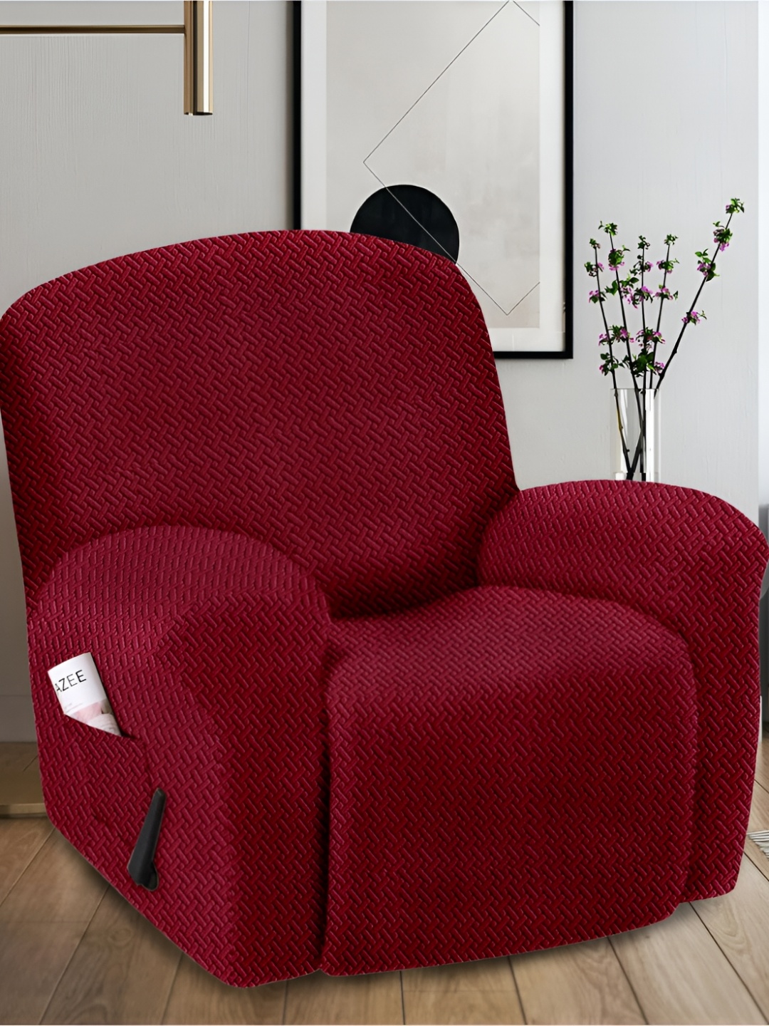 

Cortina Maroon Self Design Single Seater Sofa Cover With Arms