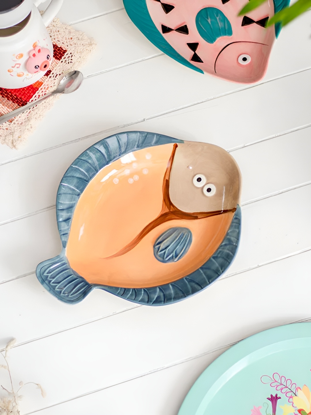 

THEDECORKART Blue & Orange Printed Ceramic Glossy Plate