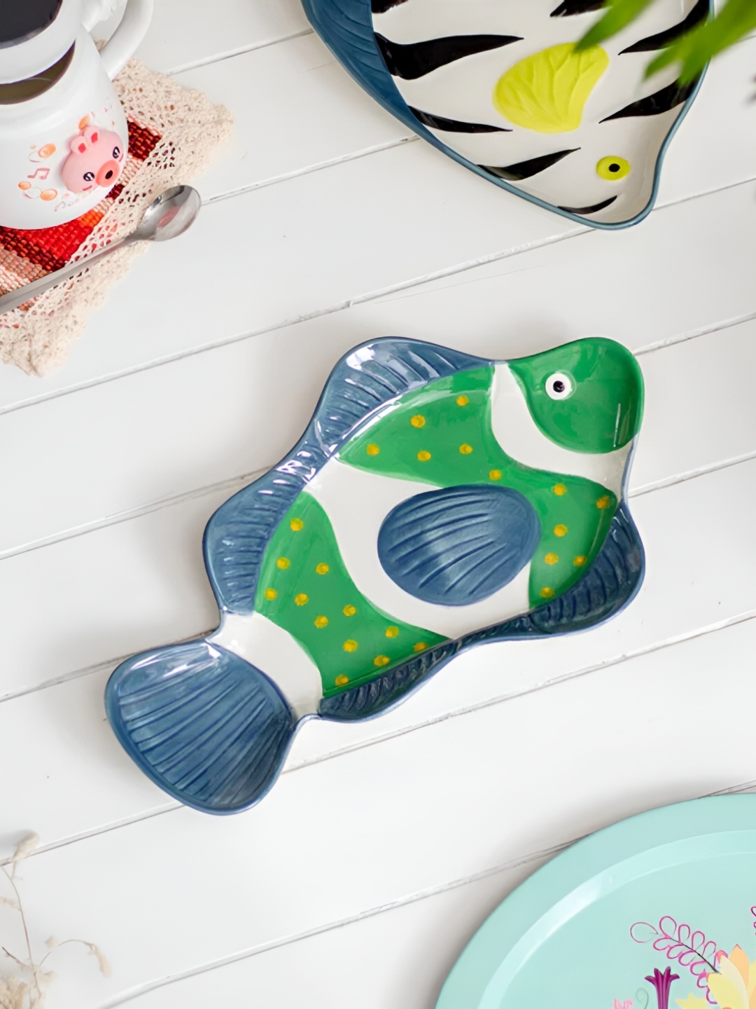 

THEDECORKART Blue & Green Printed Ceramic Glossy Plate