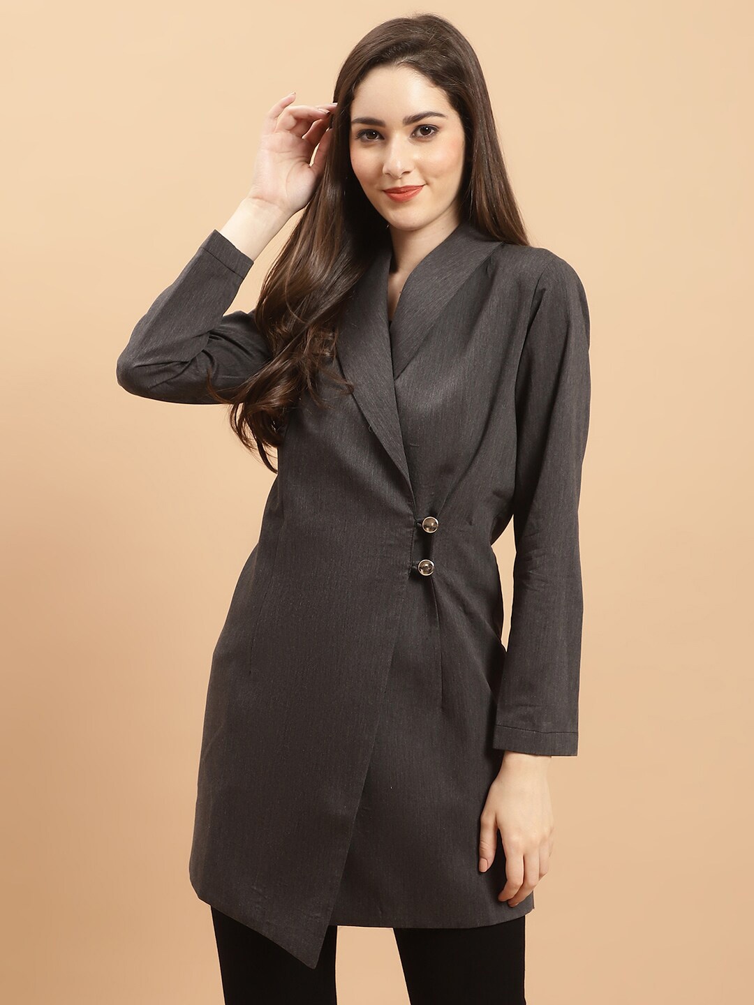 

Purple State Single-Breasted Shawl Collar Longline Blazer, Grey