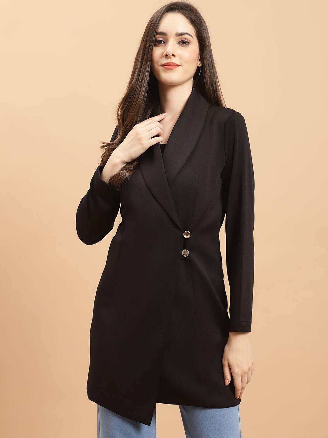 

Purple State Single-Breasted Shawl Collar Longline Blazer, Black