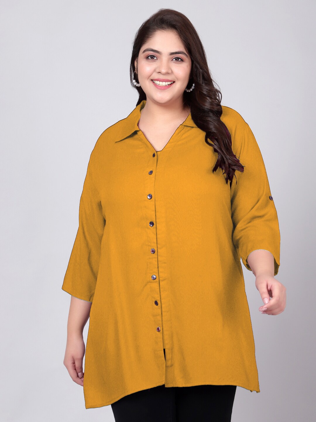 

Indietoga Plus Size Classic Spread Collar Longline Casual Shirt, Mustard