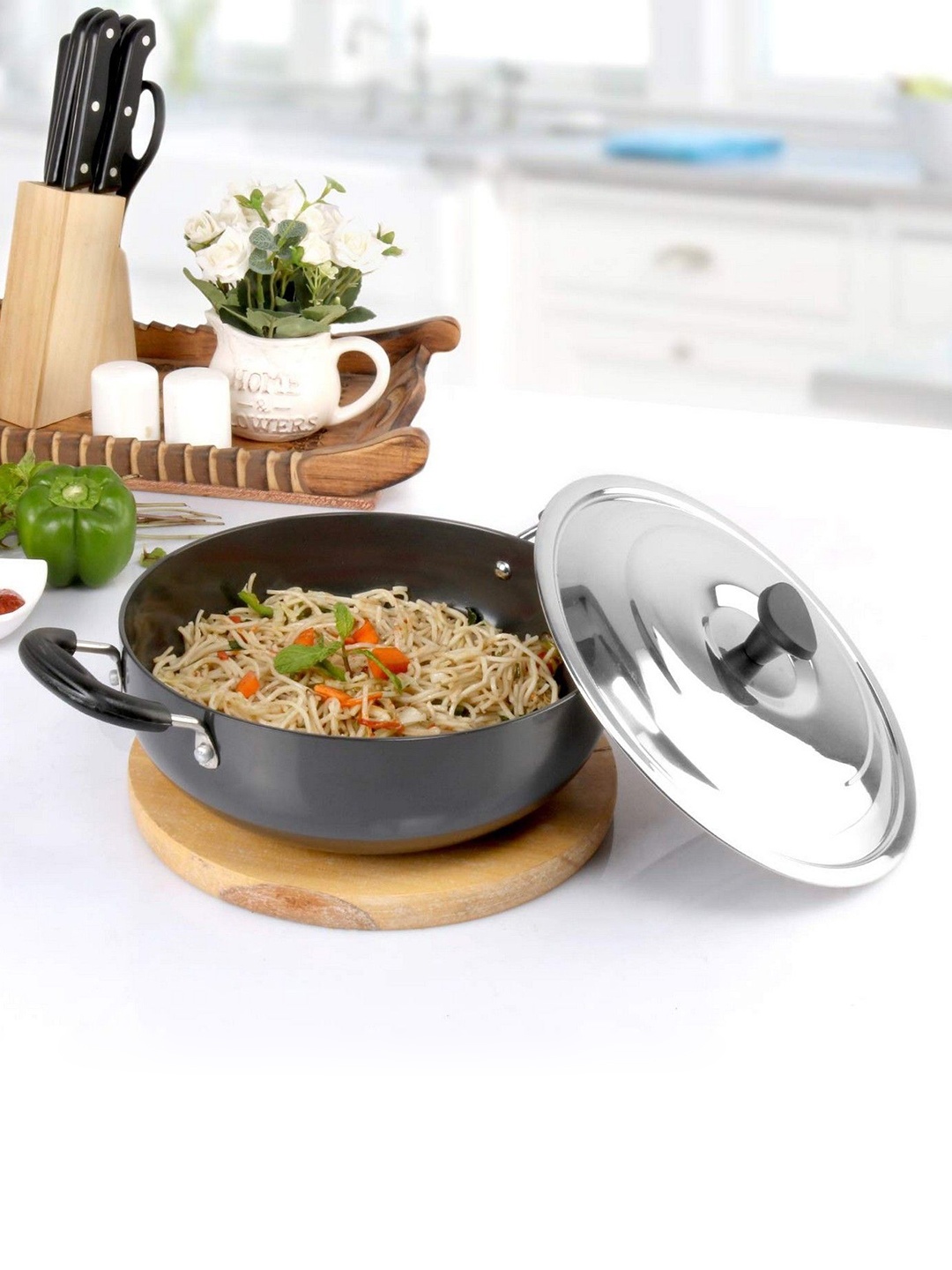 

RBGIIT Black Carbon Steel Dishwasher & Microwave Safe Kadhai With Lid